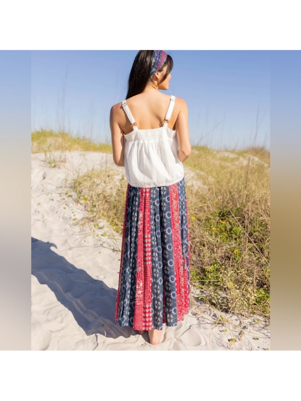NWT Natural Life Navy and Red Hankerchief Patchwork Side Slit Boho Maxi Skirt - Picture 3 of 10